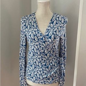 Boden Teal Blue Cream Leaf Print Knit Wrap Blouse